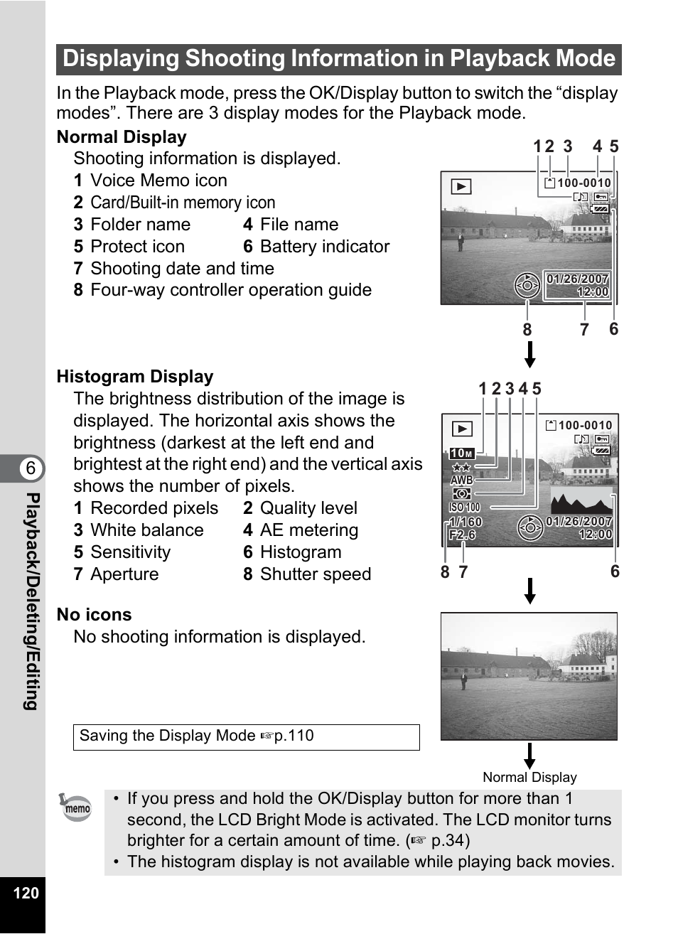 Displaying shooting information in playback mode, P.120) | Pentax A30E User Manual | Page 122 / 203