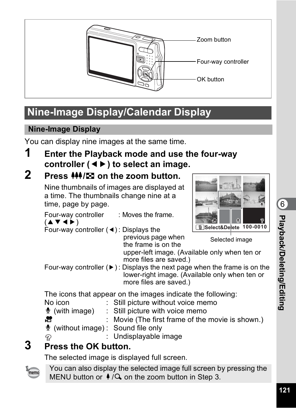 Nine-image display/calendar display, P.121), 1p.121) | Press w / f on the zoom button, Press the ok button | Pentax A30E User Manual | Page 123 / 203