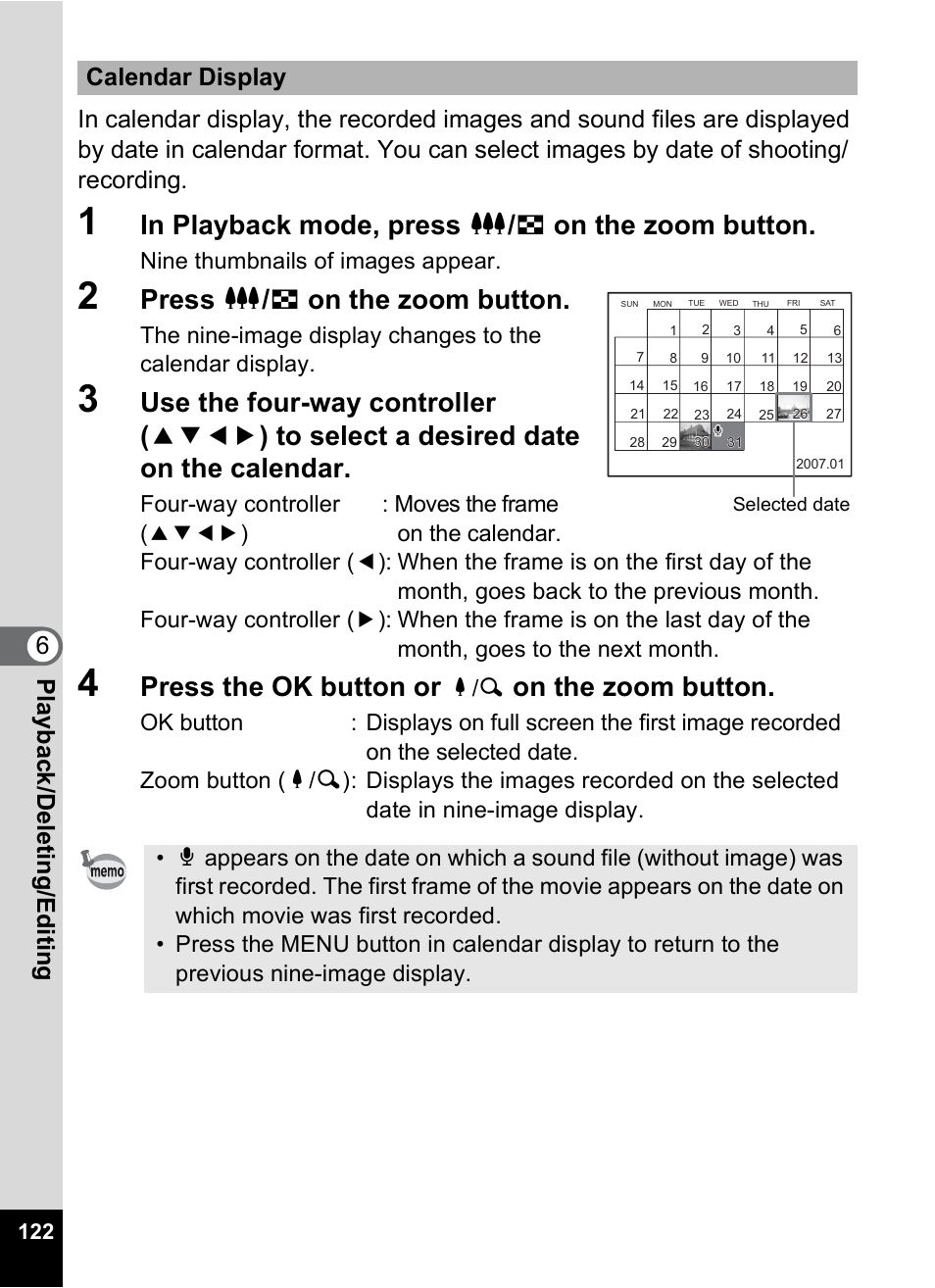 Press w / f on the zoom button, Press the ok button or, On the zoom button | Calendar display, Nine thumbnails of images appear | Pentax A30E User Manual | Page 124 / 203