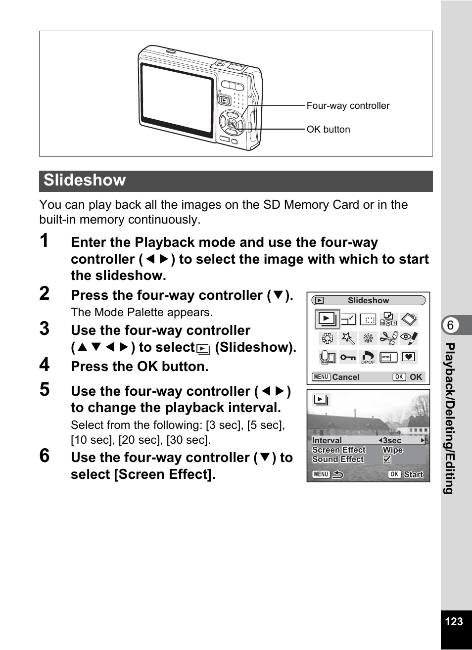 Slideshow, P.123), P.123 | Press the four-way controller ( 3 ), Press the ok button | Pentax A30E User Manual | Page 125 / 203