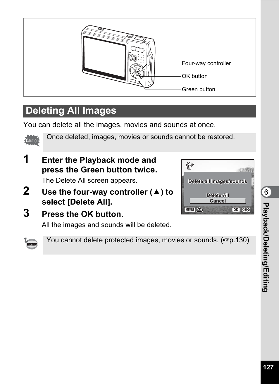 Deleting all images, Press the ok button | Pentax A30E User Manual | Page 129 / 203