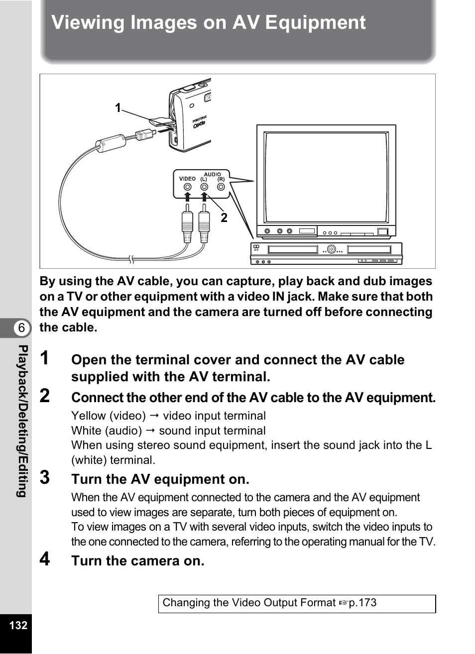 Viewing images on av equipment | Pentax A30E User Manual | Page 134 / 203