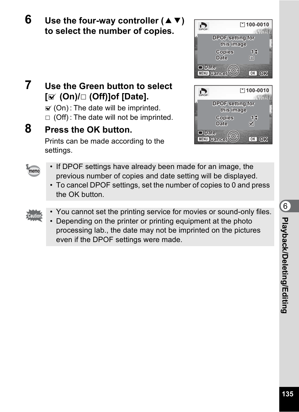 Press the ok button, 6play bac k /d el eting /editi n g | Pentax A30E User Manual | Page 137 / 203