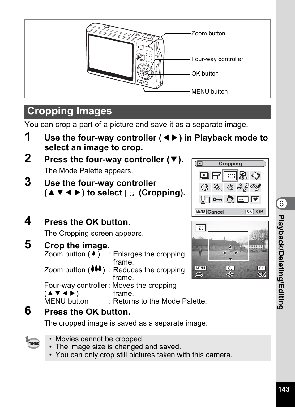 Cropping images, P.143 | Pentax A30E User Manual | Page 145 / 203