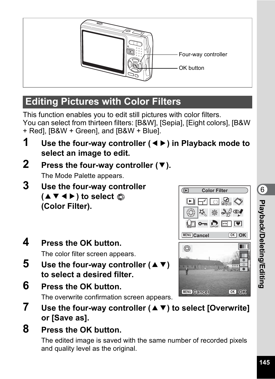 Editing pictures with color filters, P.145 | Pentax A30E User Manual | Page 147 / 203