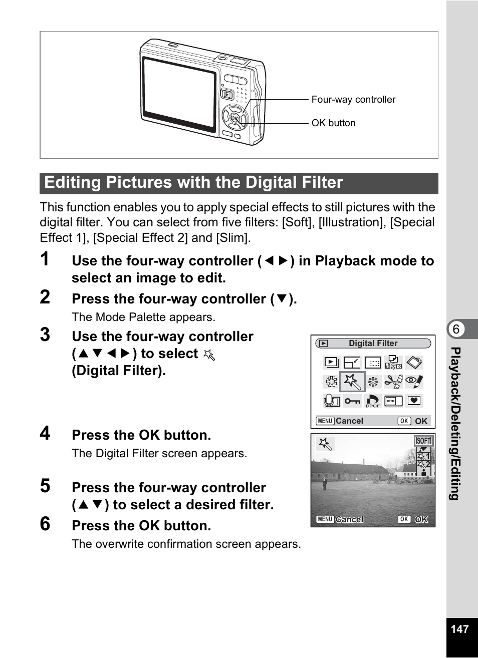 Editing pictures with the digital filter, P.147 | Pentax A30E User Manual | Page 149 / 203