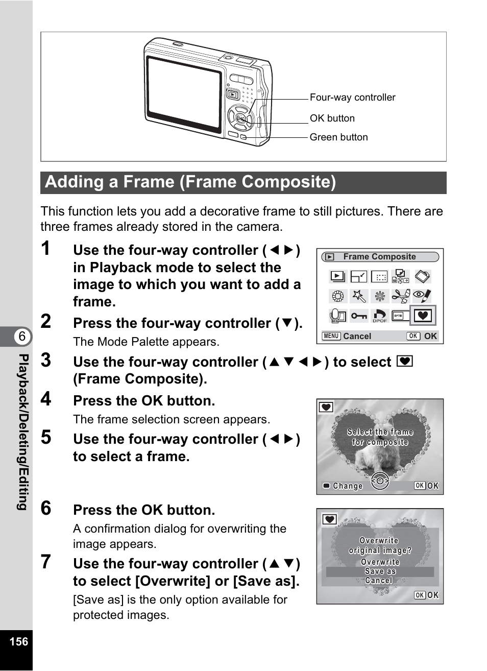 Adding a frame (frame composite), P.156, Press the four-way controller ( 3 ) | Press the ok button | Pentax A30E User Manual | Page 158 / 203