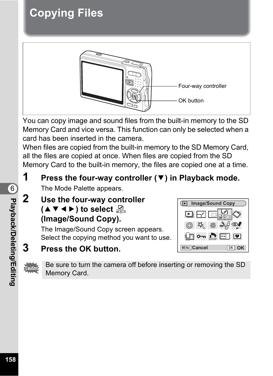 Copying files, P.158 | Pentax A30E User Manual | Page 160 / 203