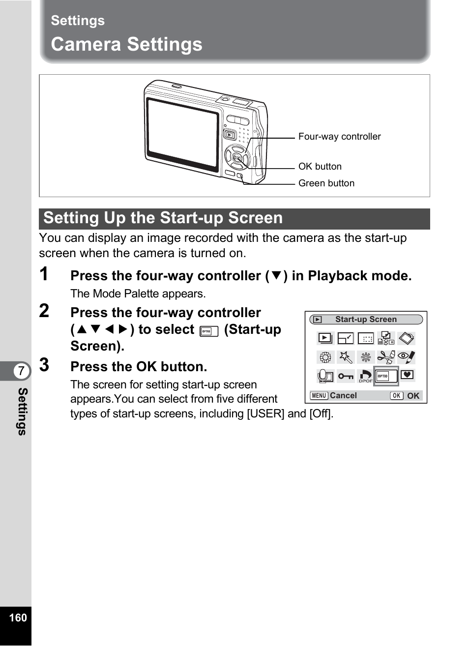 Settings, Camera settings, Setting up the start-up screen | P.160 | Pentax A30E User Manual | Page 162 / 203