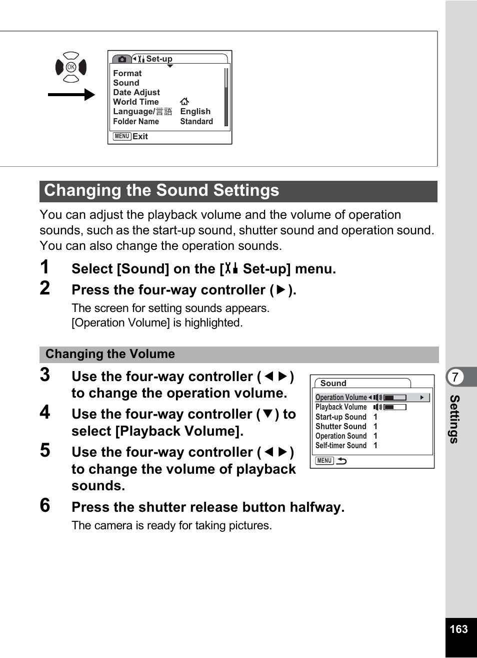 Changing the sound settings, P.163 | Pentax A30E User Manual | Page 165 / 203