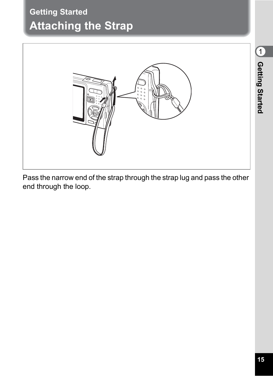 Getting started, Attaching the strap, P.15) | Pentax A30E User Manual | Page 17 / 203