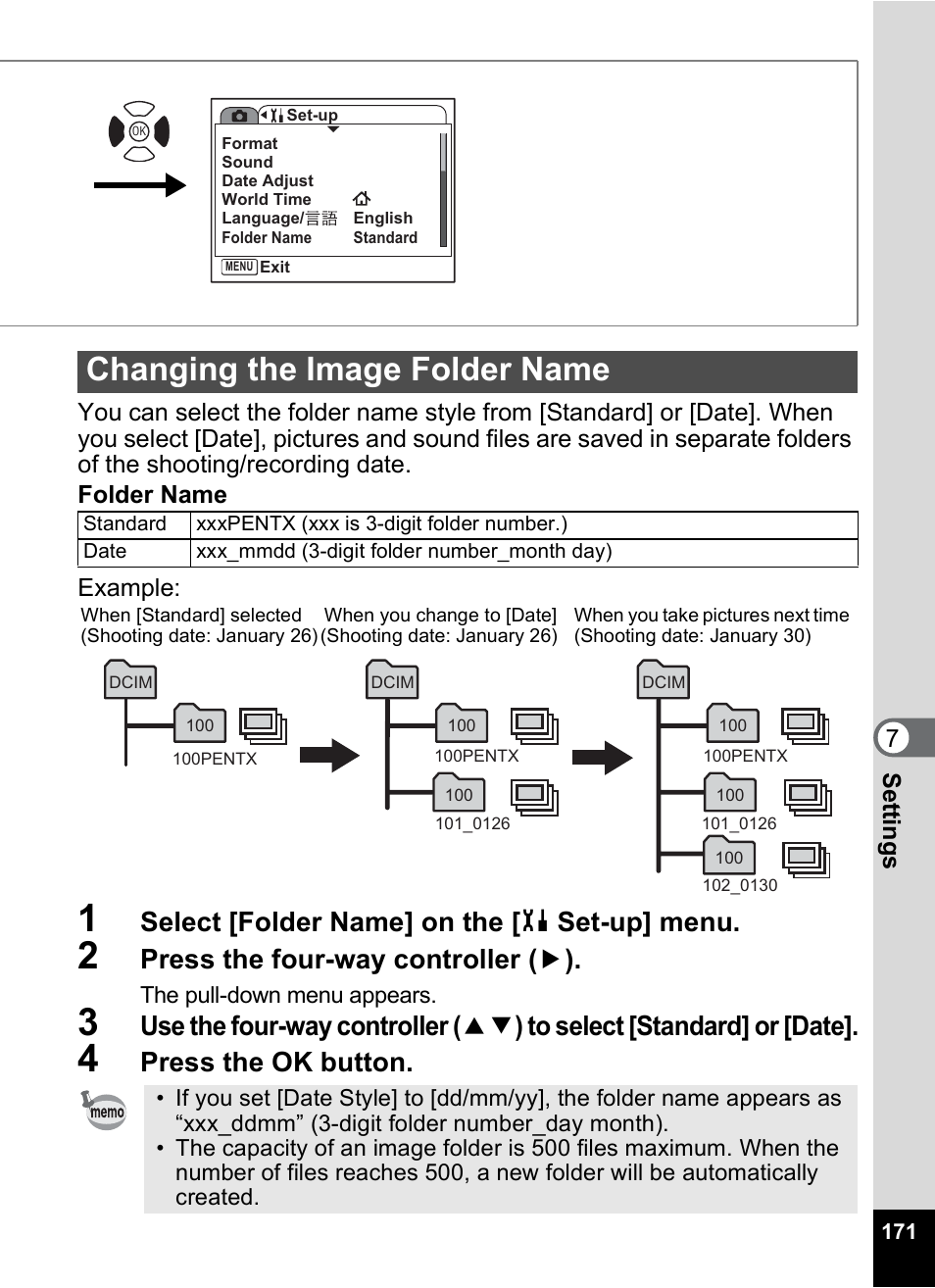 Changing the image folder name, P.171, Select [folder name] on the [ h set-up] menu | Press the four-way controller ( 5 ), Press the ok button | Pentax A30E User Manual | Page 173 / 203