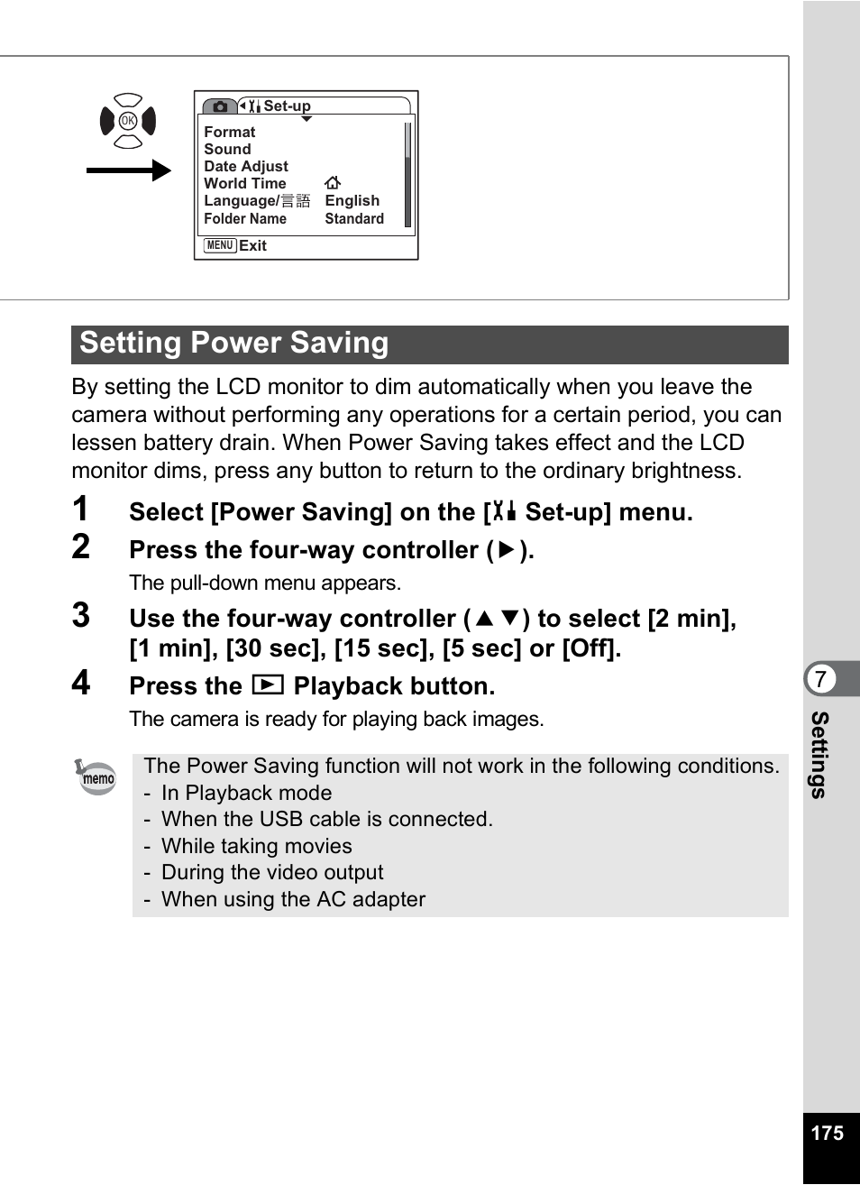 Setting power saving, P.175 | Pentax A30E User Manual | Page 177 / 203