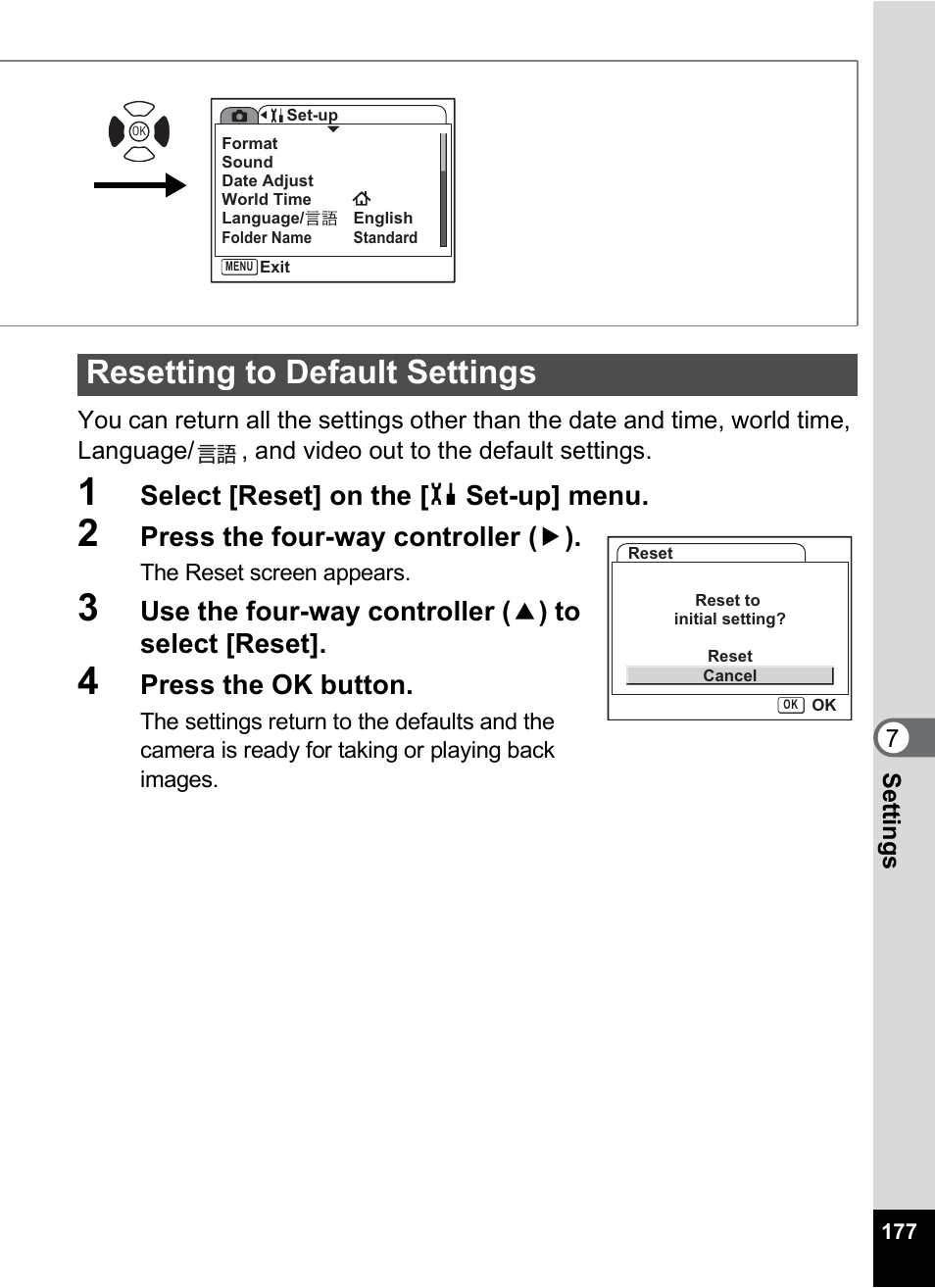 Resetting to default settings, P.177, Select [reset] on the [ h set-up] menu | Press the four-way controller ( 5 ), Use the four-way controller ( 2 ) to select [reset, Press the ok button | Pentax A30E User Manual | Page 179 / 203