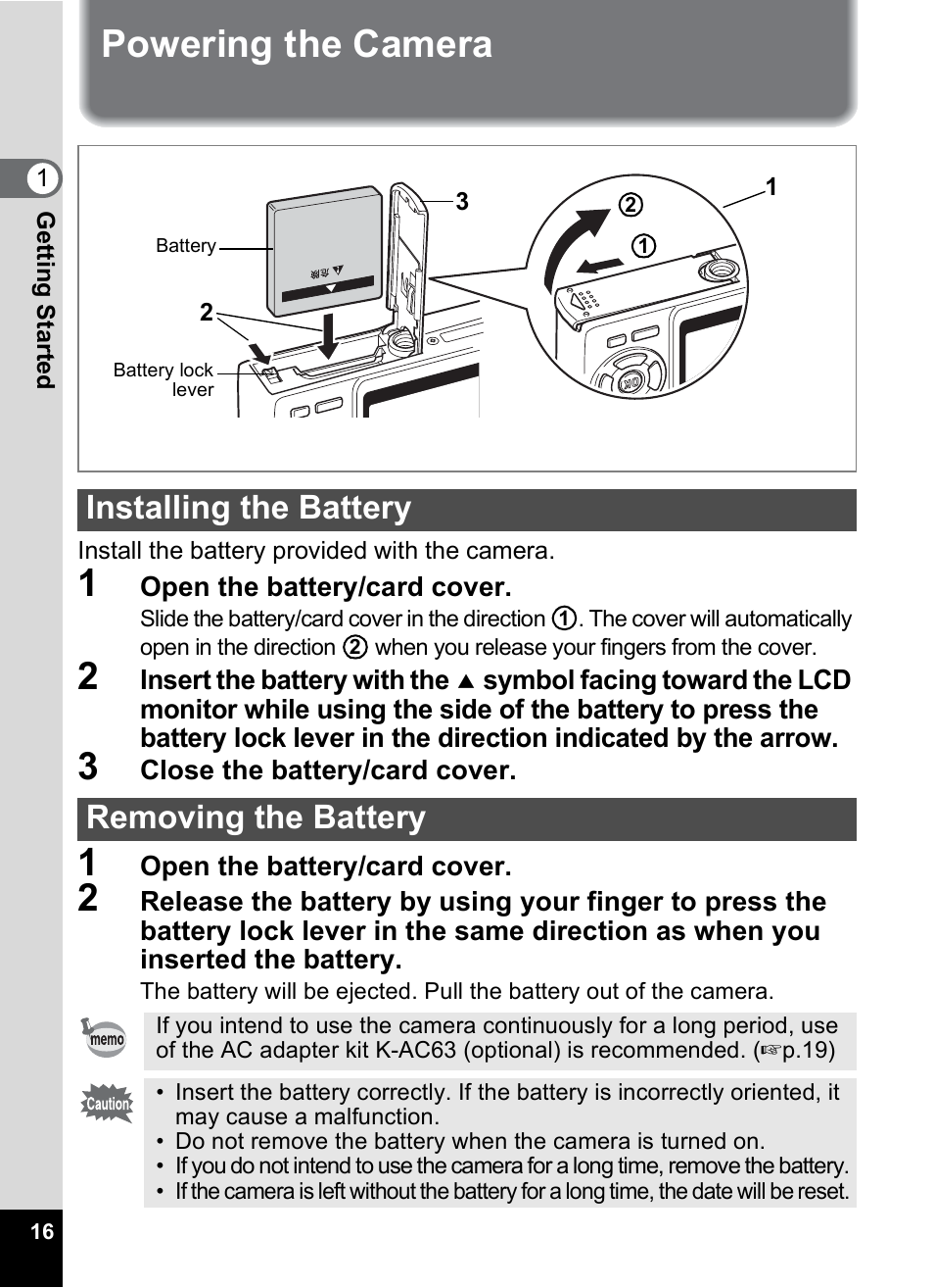 Powering the camera, Installing the battery, Removing the battery | P.16), Installing the battery removing the battery | Pentax A30E User Manual | Page 18 / 203