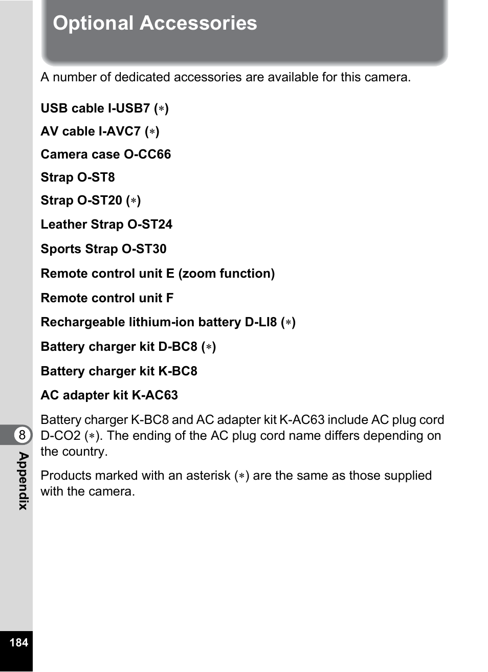 Optional accessories | Pentax A30E User Manual | Page 186 / 203