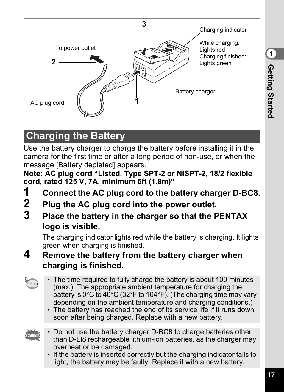Charging the battery, Ge (p.17) | Pentax A30E User Manual | Page 19 / 203