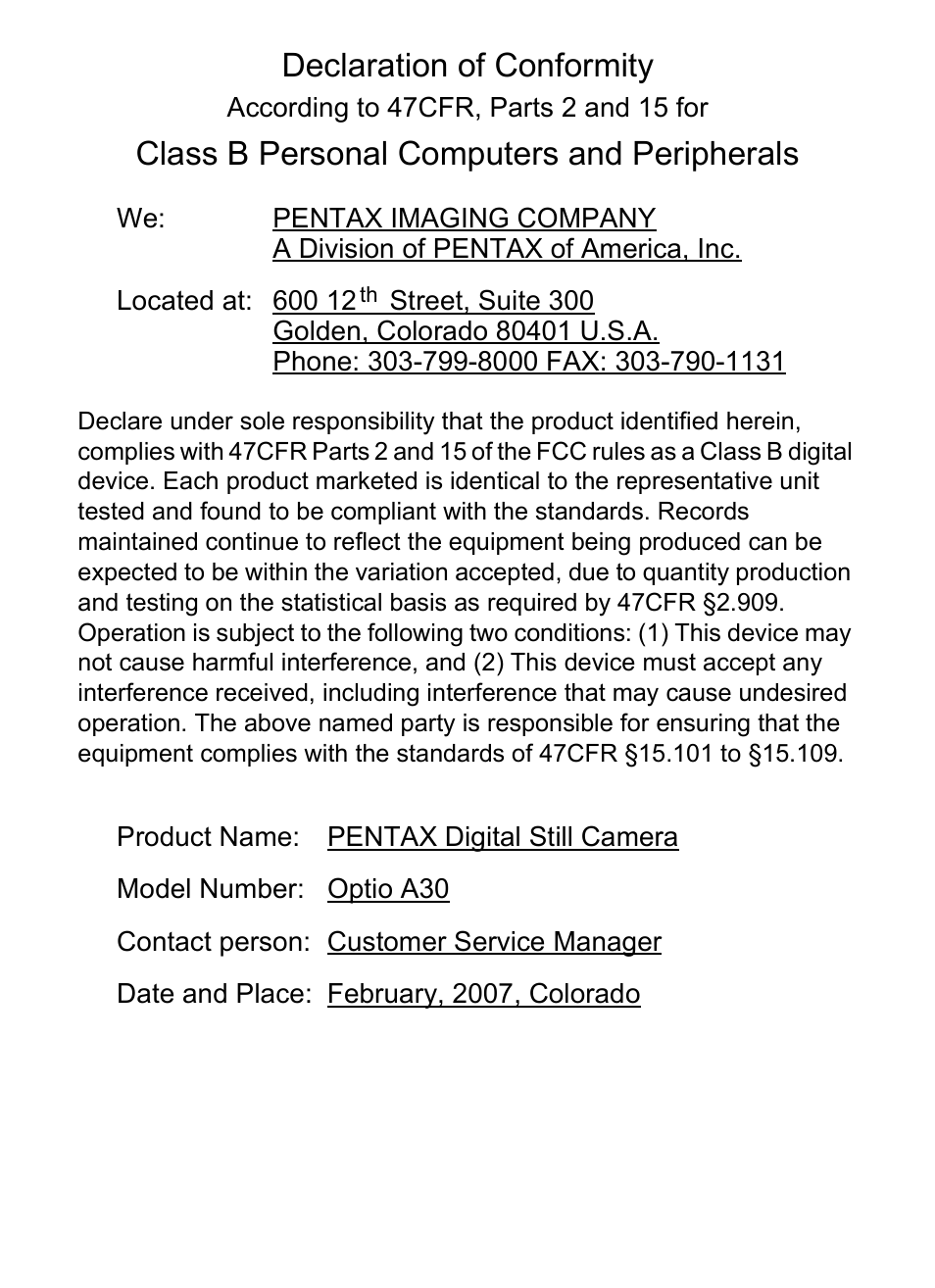 Declaration of conformity, Class b personal computers and peripherals | Pentax A30E User Manual | Page 197 / 203