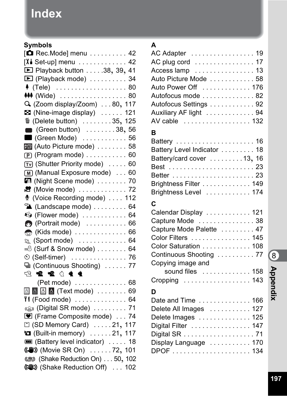 Index | Pentax A30E User Manual | Page 199 / 203