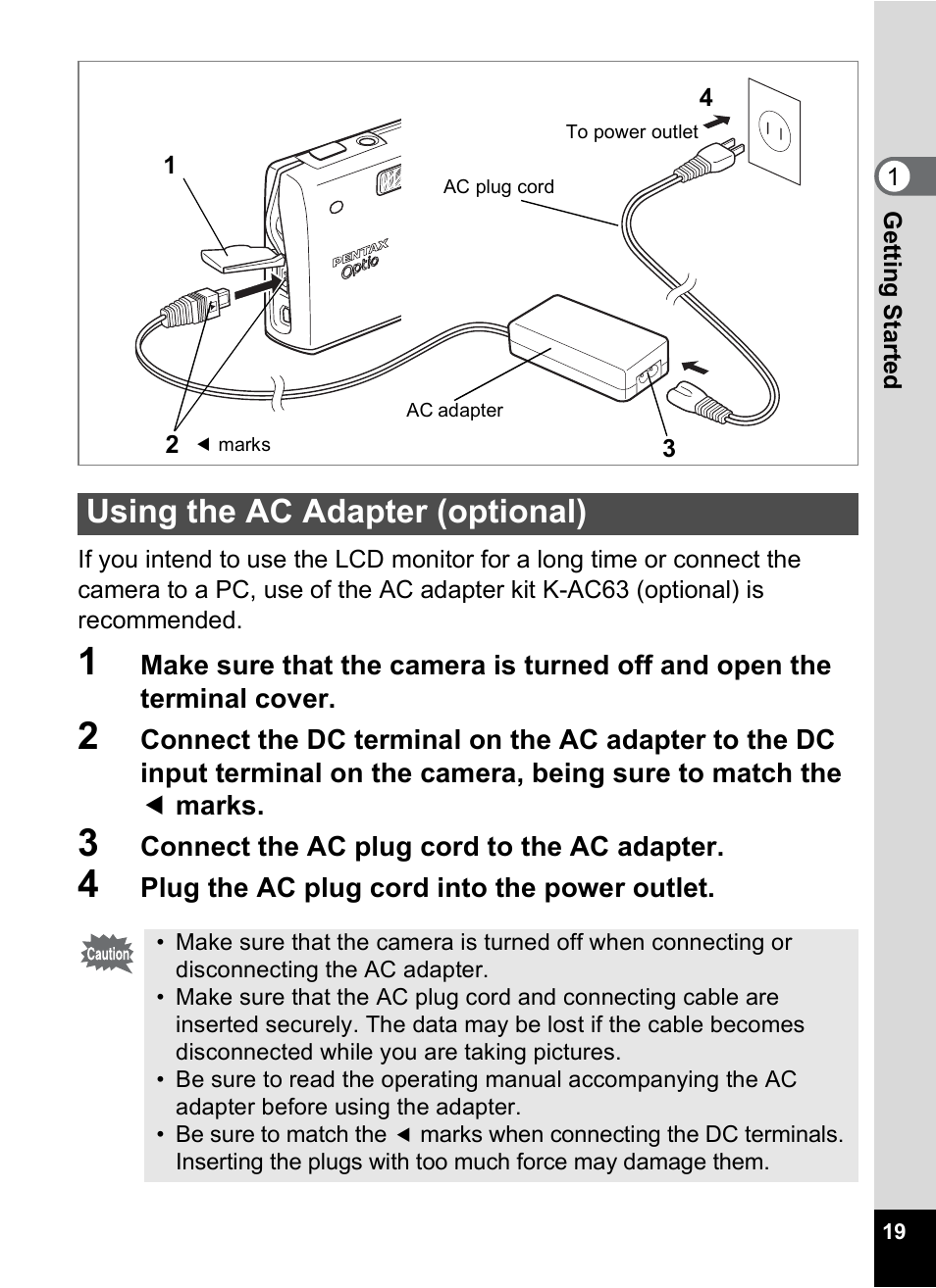 Using the ac adapter (optional) | Pentax A30E User Manual | Page 21 / 203