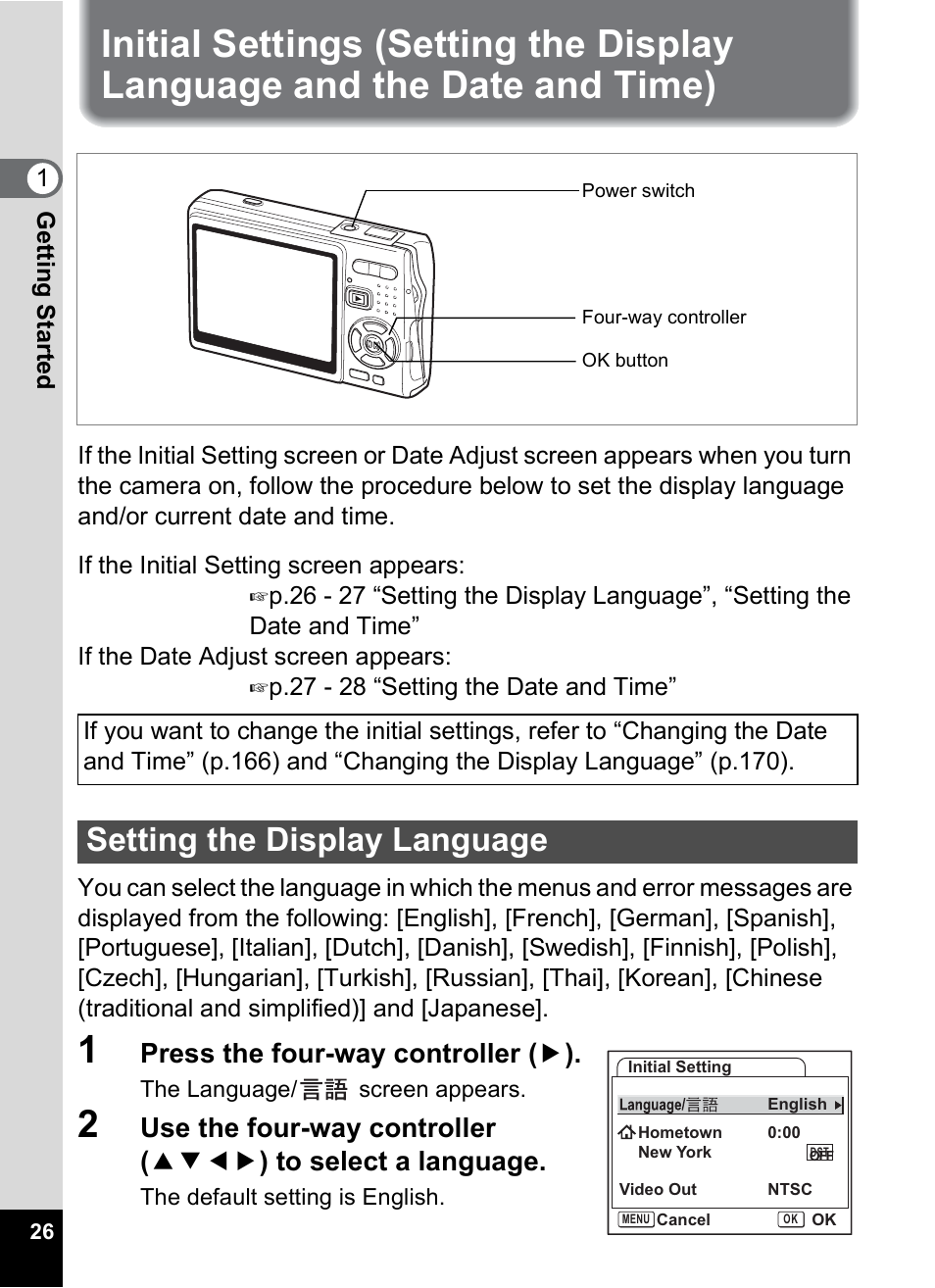 Setting the display language, Initial settings (setting the display language, And the date and time) | P.26, Press the four-way controller ( 5 ) | Pentax A30E User Manual | Page 28 / 203
