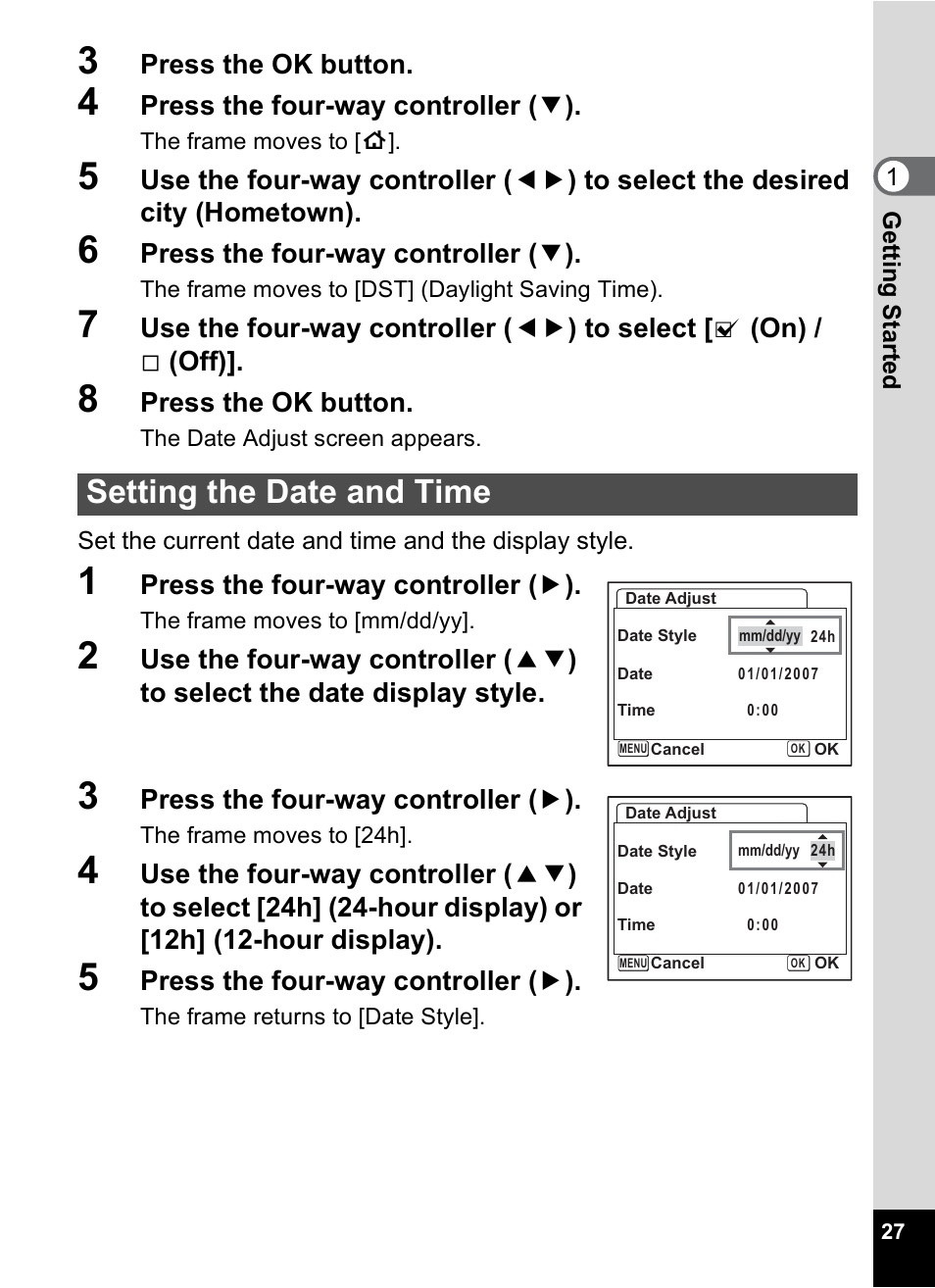 Setting the date and time, Tting the, Date and time | P.27 | Pentax A30E User Manual | Page 29 / 203