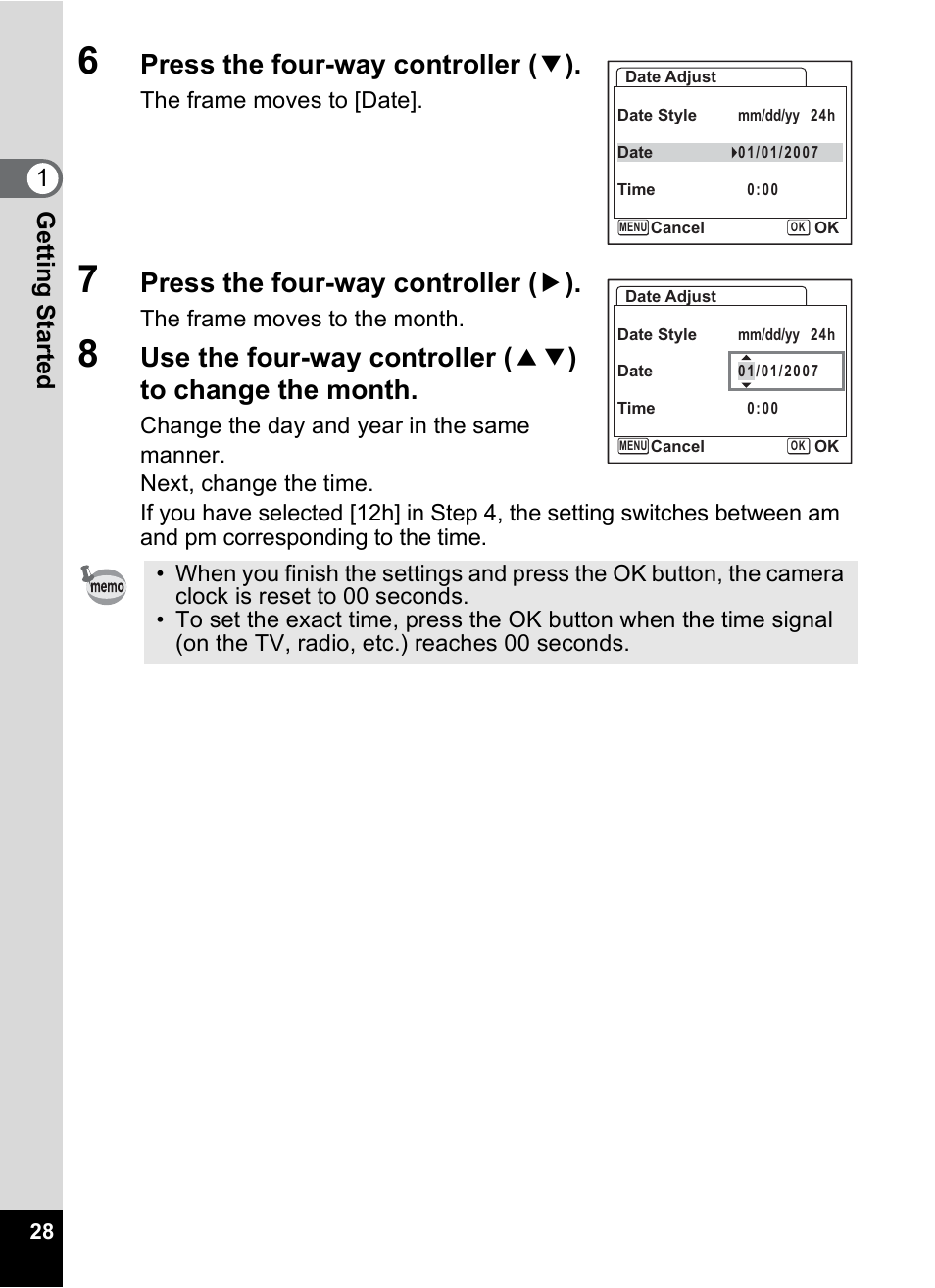 Press the four-way controller ( 3 ), Press the four-way controller ( 5 ), Gettin g sta rte d 1 | Pentax A30E User Manual | Page 30 / 203