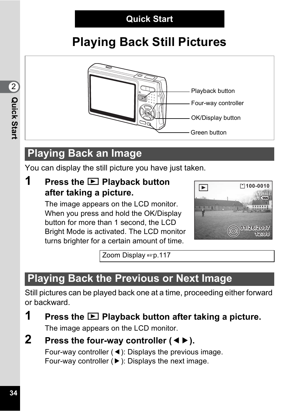 Playing back still pictures, Playing back an image, Playing back the previous or next image | P.34 | Pentax A30E User Manual | Page 36 / 203