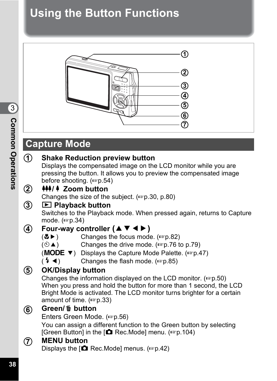 Using the button functions, Capture mode | Pentax A30E User Manual | Page 40 / 203
