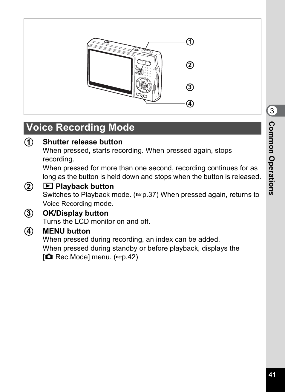 Voice recording mode | Pentax A30E User Manual | Page 43 / 203