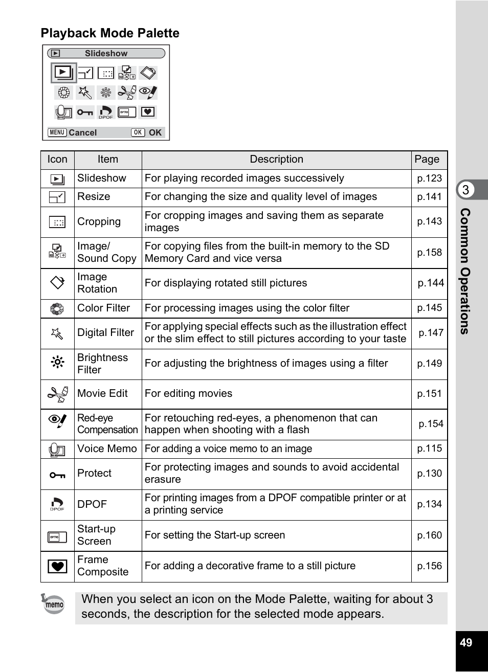 P.49), Com m on o p erati ons 3 playback mode palette | Pentax A30E User Manual | Page 51 / 203