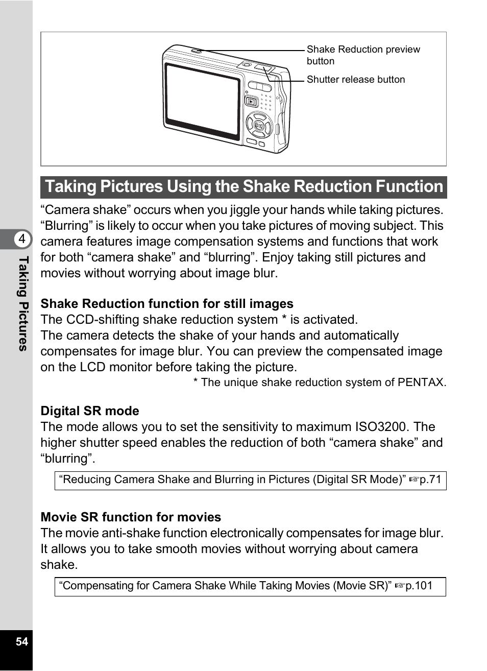 Taking pictures using the shake reduction function, P.54, P.54) | Pentax A30E User Manual | Page 56 / 203