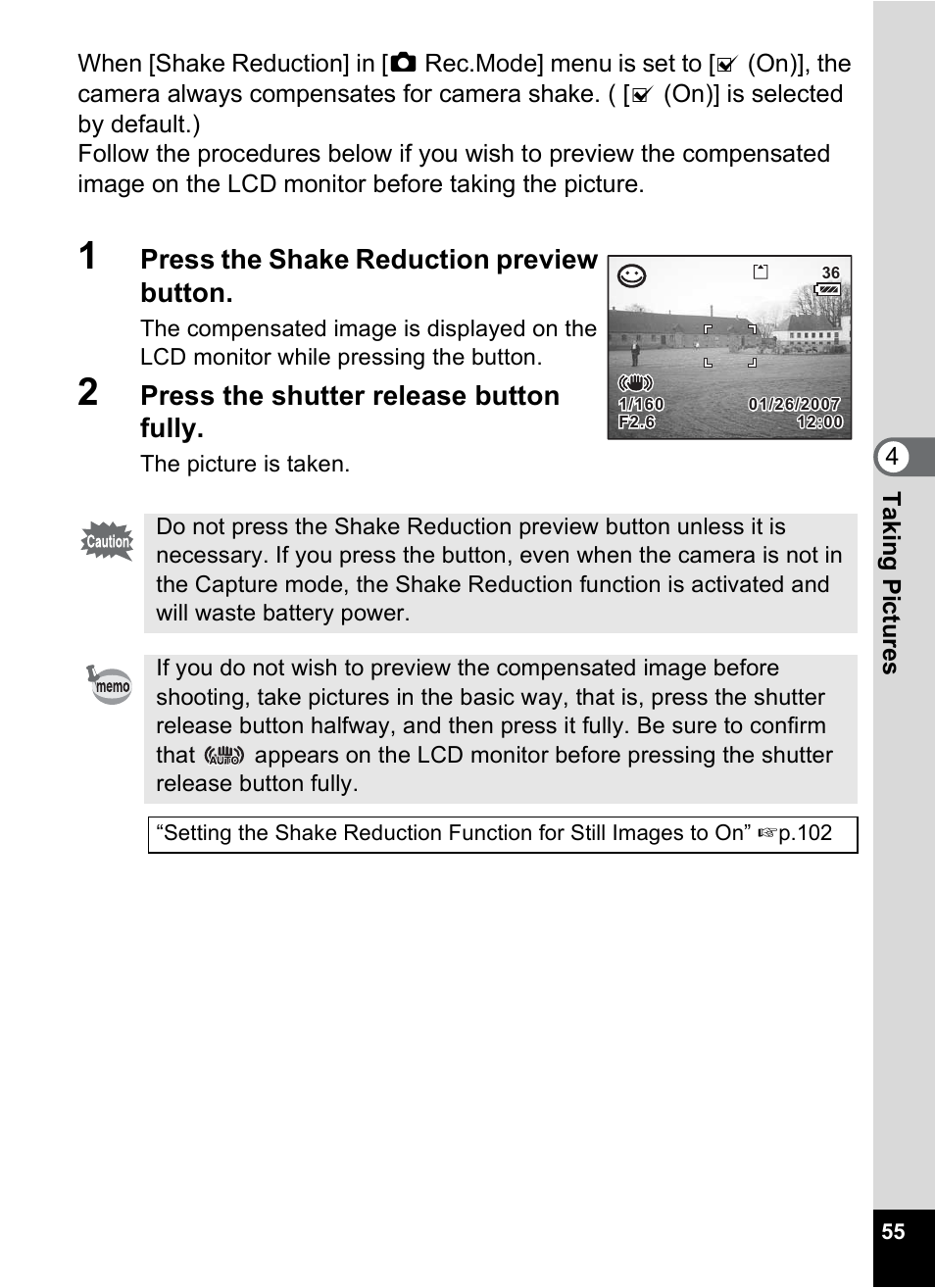 Press the shake reduction preview button, Press the shutter release button fully | Pentax A30E User Manual | Page 57 / 203