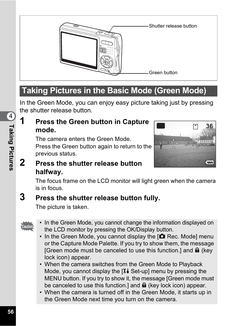 Taking pictures in the basic mode (green mode), P.56, P.56) | Pentax A30E User Manual | Page 58 / 203