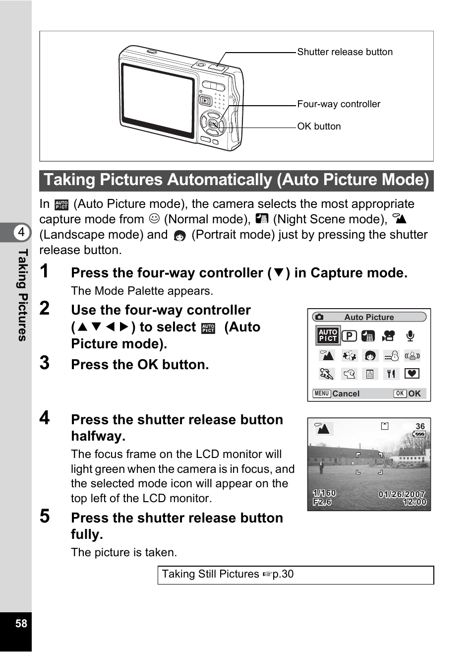 Taking pictures automatically (auto picture mode), P.58), Press the ok button | Press the shutter release button halfway, Press the shutter release button fully | Pentax A30E User Manual | Page 60 / 203