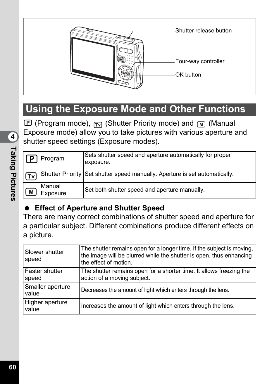 Using the exposure mode and other functions | Pentax A30E User Manual | Page 62 / 203