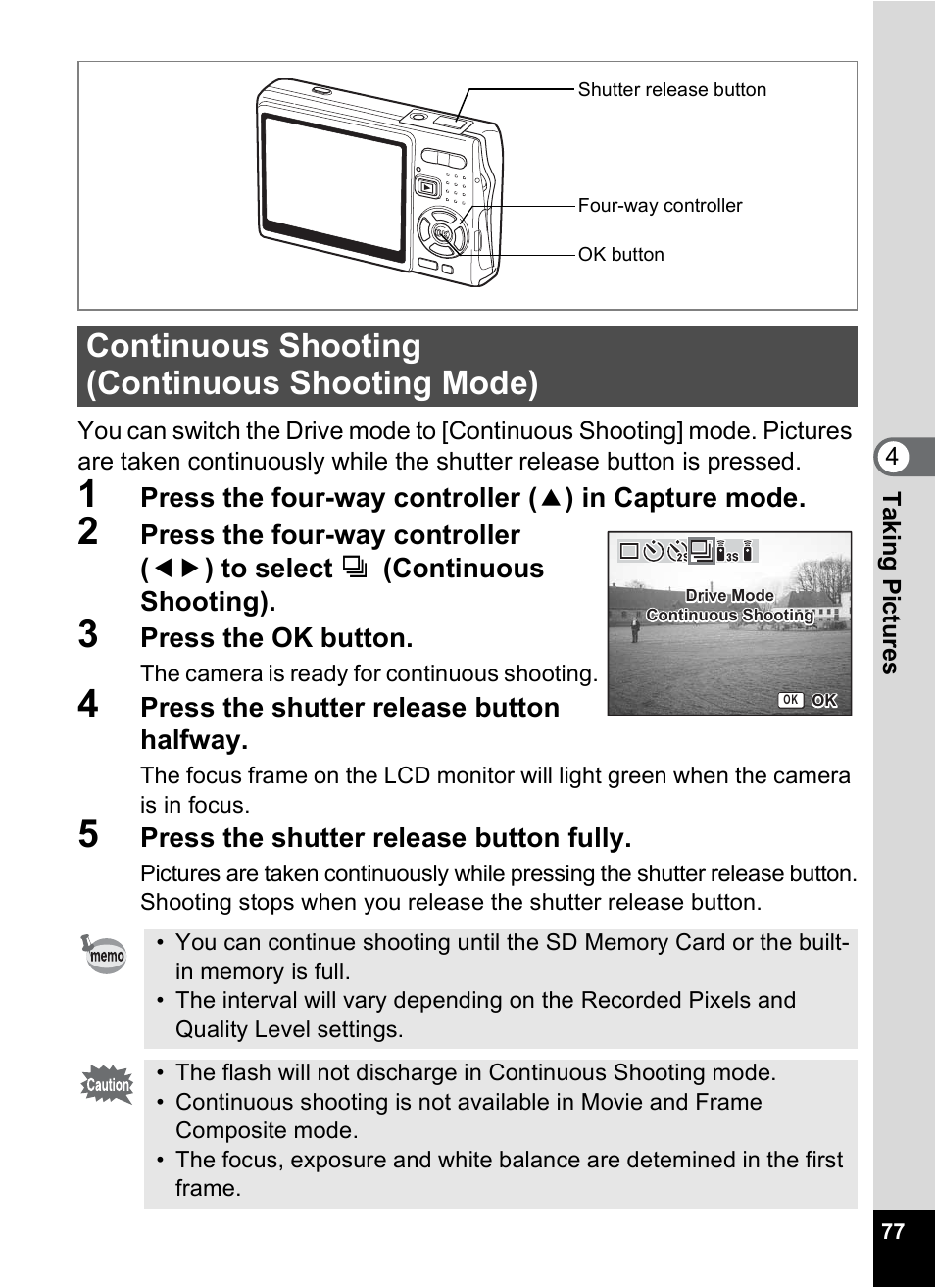 Continuous shooting (continuous shooting mode), Continuous shooting, Continuous shooting mode) | Pentax A30E User Manual | Page 79 / 203