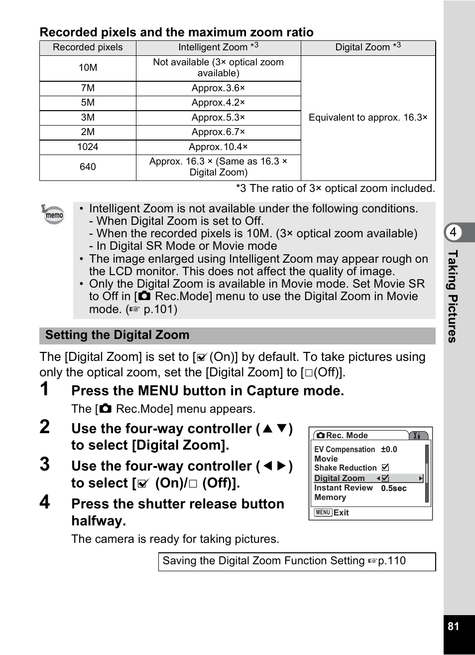 Press the menu button in capture mode, Press the shutter release button halfway | Pentax A30E User Manual | Page 83 / 203