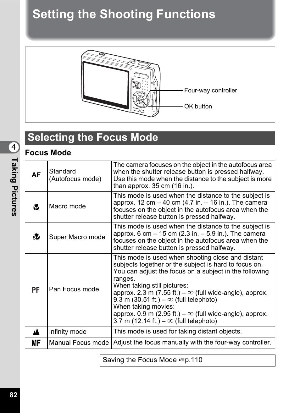 Setting the shooting functions, Selecting the focus mode, P.82) | Pentax A30E User Manual | Page 84 / 203