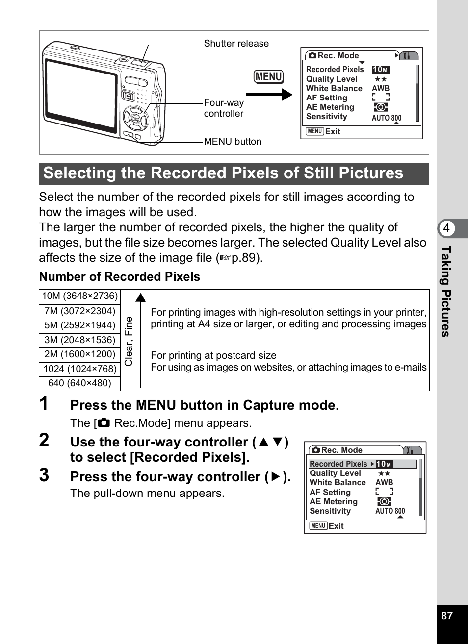 Selecting the recorded pixels of still pictures, P.87, Press the menu button in capture mode | Press the four-way controller ( 5 ) | Pentax A30E User Manual | Page 89 / 203