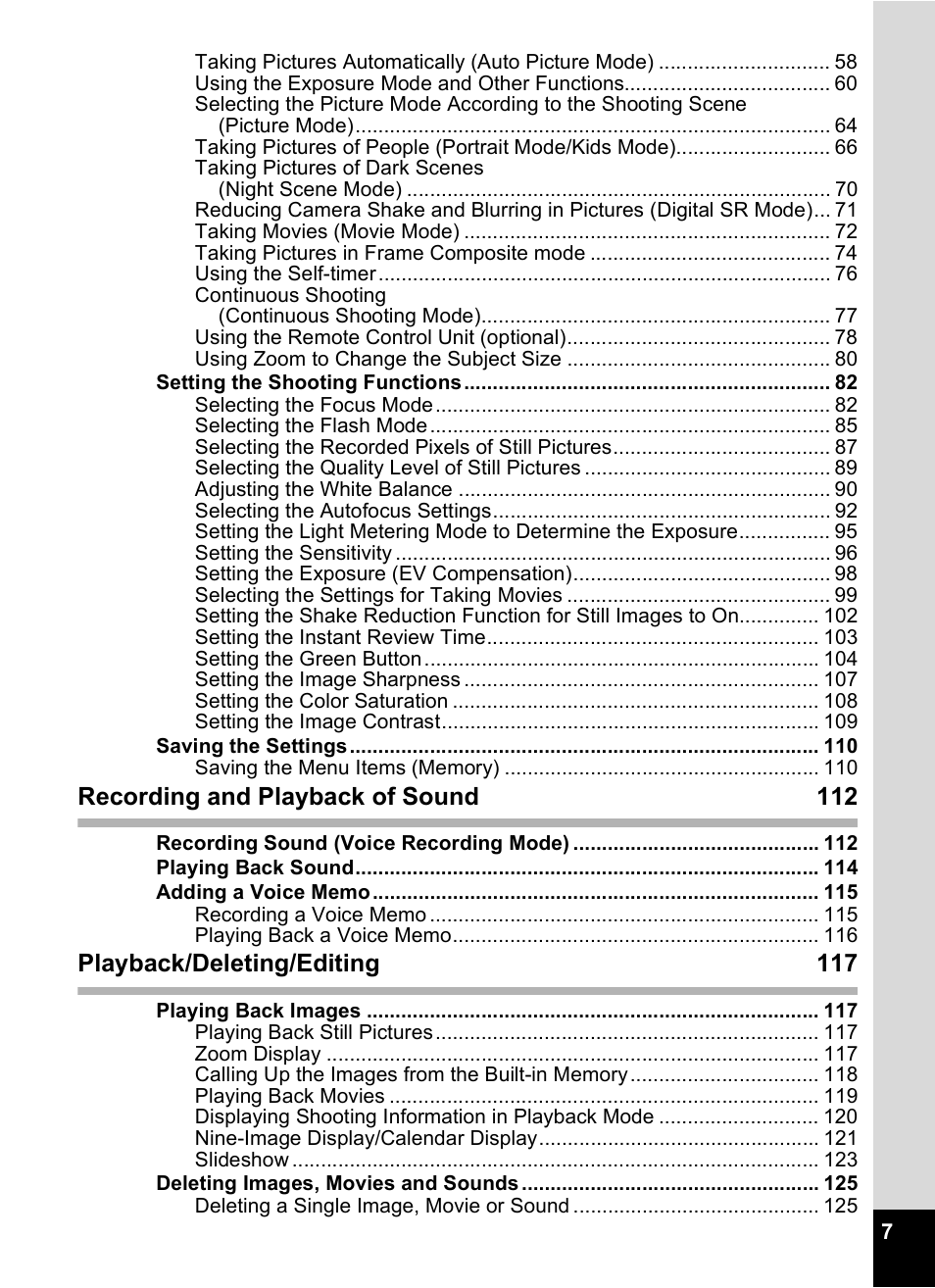 Recording and playback of sound 112, Playback/deleting/editing 117 | Pentax A30E User Manual | Page 9 / 203