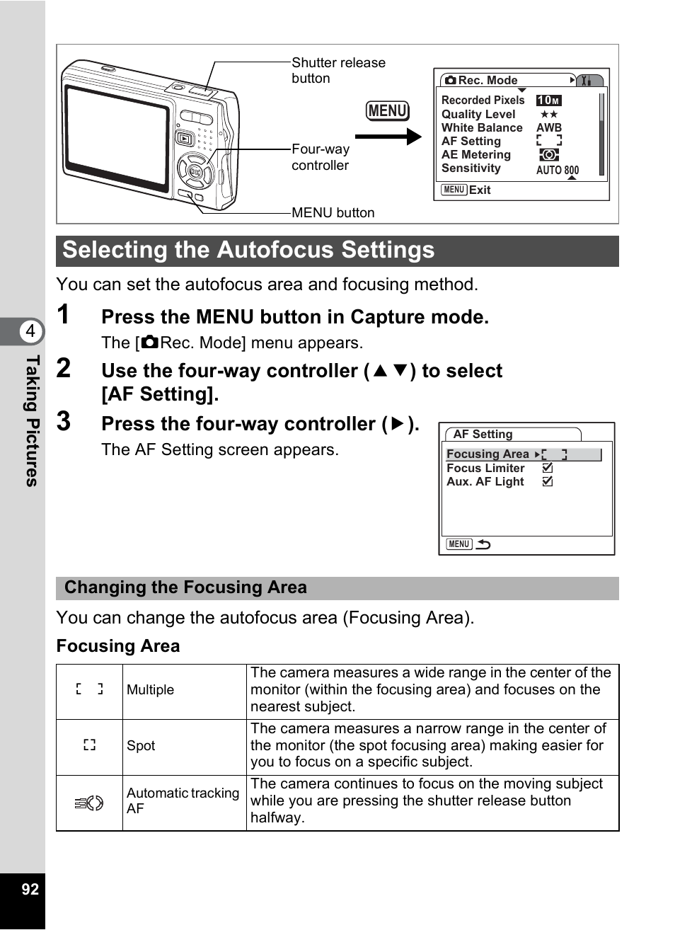 Selecting the autofocus settings, P.92, Press the menu button in capture mode | Press the four-way controller ( 5 ) | Pentax A30E User Manual | Page 94 / 203