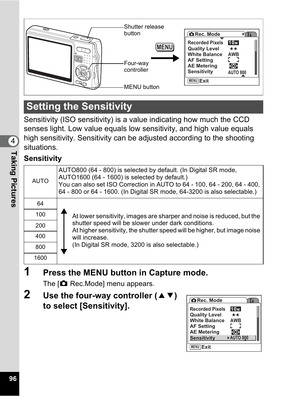 Setting the sensitivity, P.96, Press the menu button in capture mode | Pentax A30E User Manual | Page 98 / 203