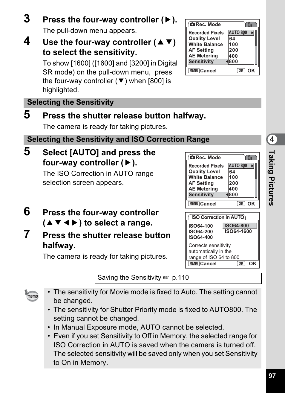 Press the four-way controller ( 5 ), Press the shutter release button halfway, Tak ing pi cture s 4 | Pentax A30E User Manual | Page 99 / 203