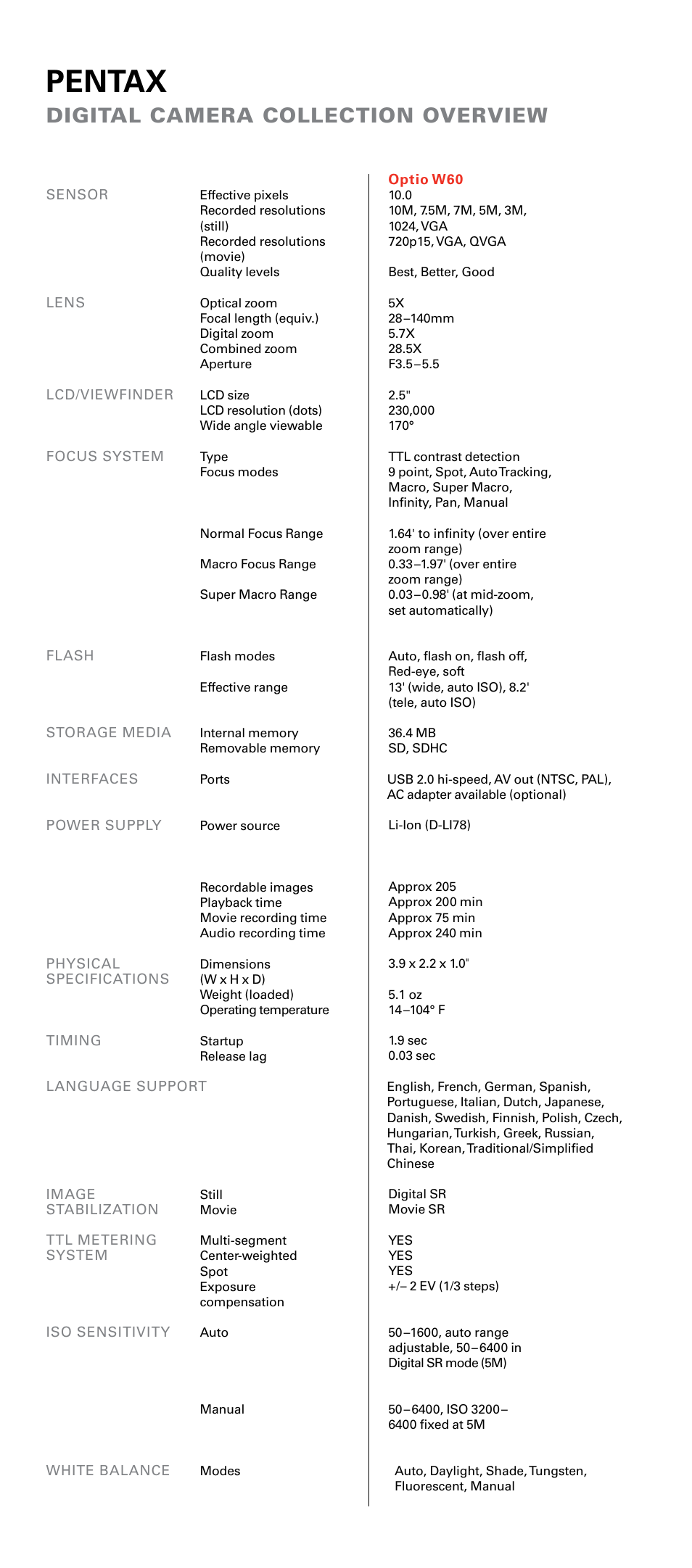 Pentax, Digital camera collection overview | Pentax P70 User Manual | Page 16 / 20