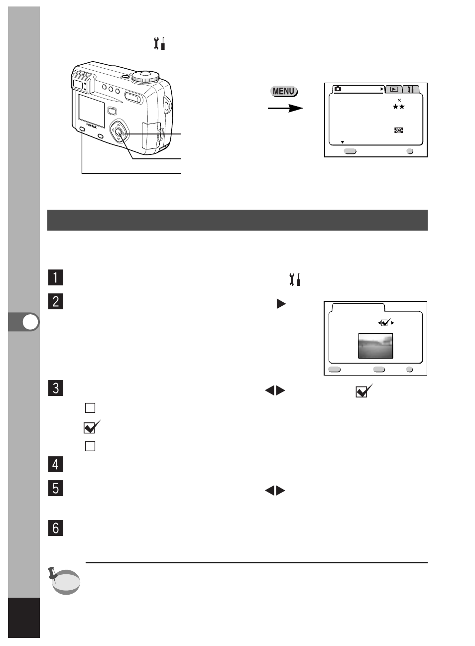 Changing the start-up screen, Select [start-up screen] on the [ set-up] menu, Press the four-way controller ( ̈ ) | Press the dpof button, Press the ok button three times | Pentax Optio 450 User Manual | Page 132 / 156
