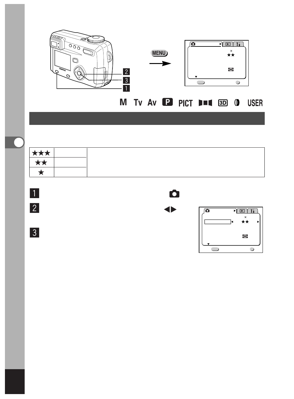 Selecting the quality levels, Select [quality level] on the [ rec.mode] menu, Press the ok button | You can choose the image compression rate, Zc x | Pentax Optio 450 User Manual | Page 46 / 156