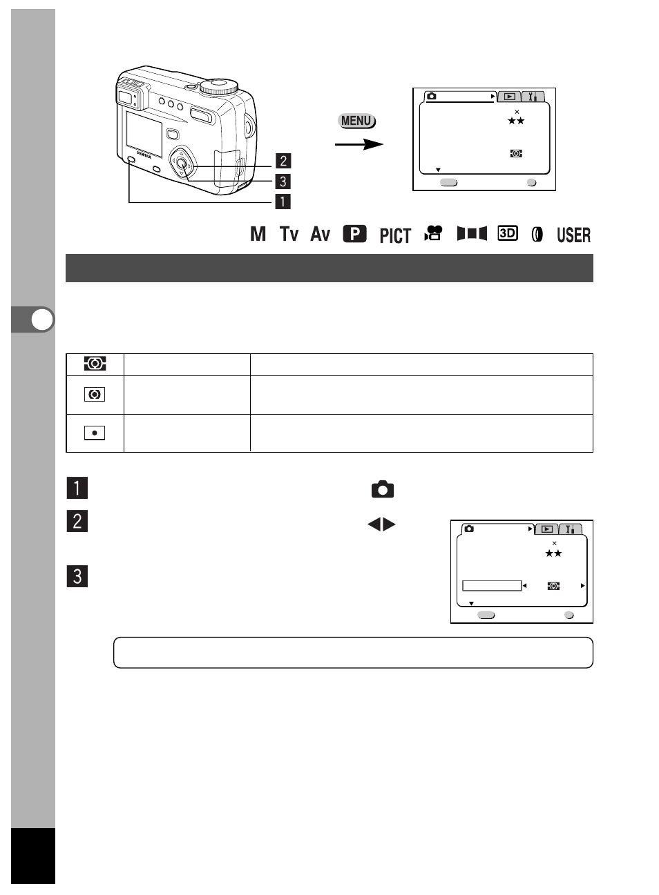 Select [ae metering] on the [ rec.mode] menu, Press the ok button, Zc x | Pentax Optio 450 User Manual | Page 50 / 156