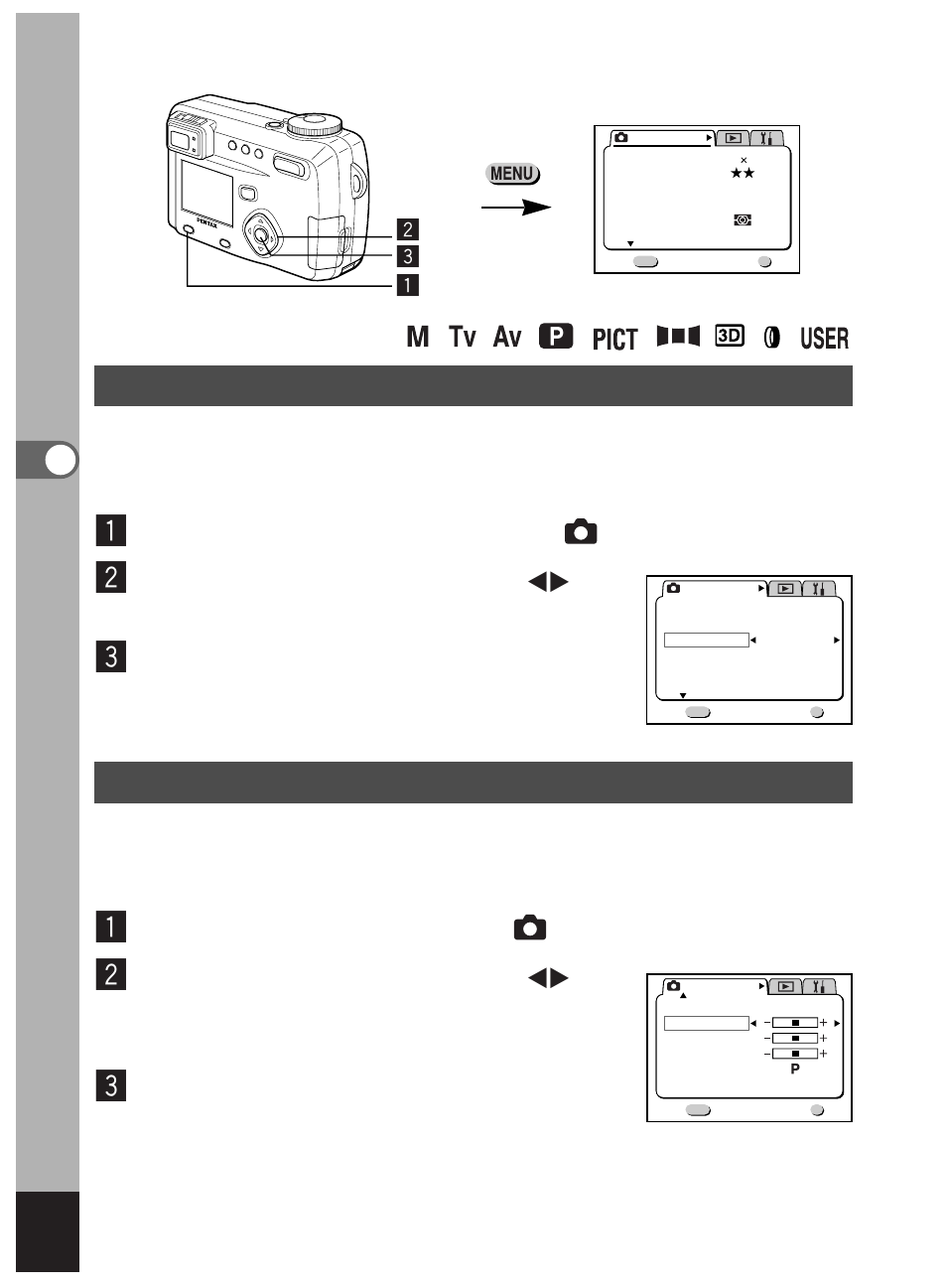 Setting the instant review time (instant review), Setting the image sharpness (sharpness), Select [instant review] on the [ rec.mode] menu | Press the ok button, Select [sharpness] on the [ rec.mode] menu, Zc x | Pentax Optio 450 User Manual | Page 52 / 156