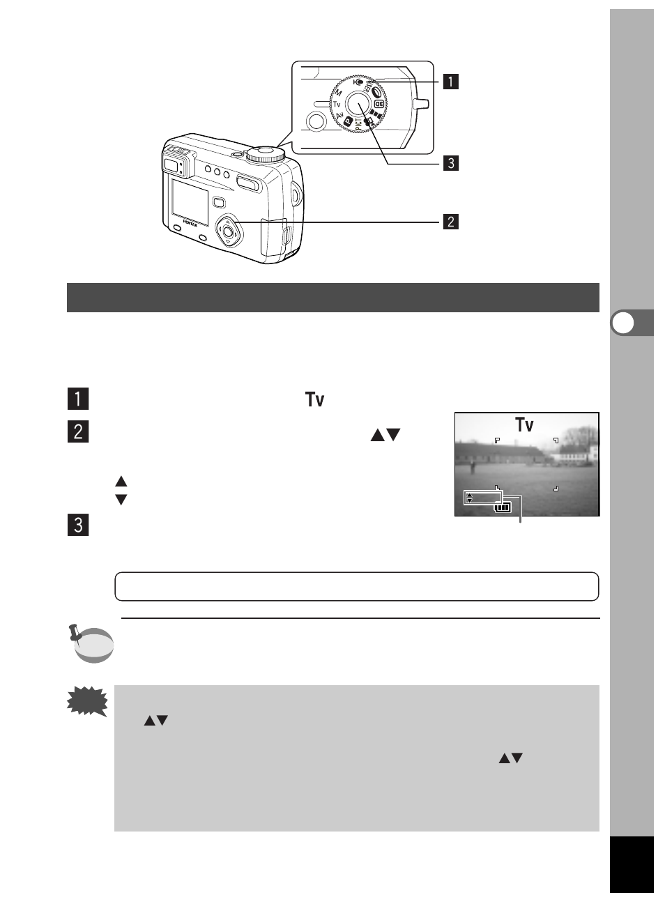 Setting the shutter speed (shutter priority mode), Set the mode dial to, Press the shutter release button | Pentax Optio 450 User Manual | Page 57 / 156